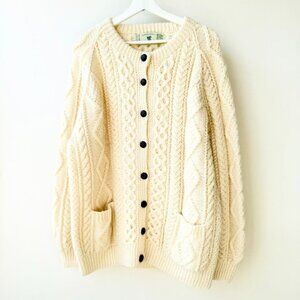 Irish Aran Co. Cable Knit Wool Fisherman Cardigan – Cream (Size XL) E28